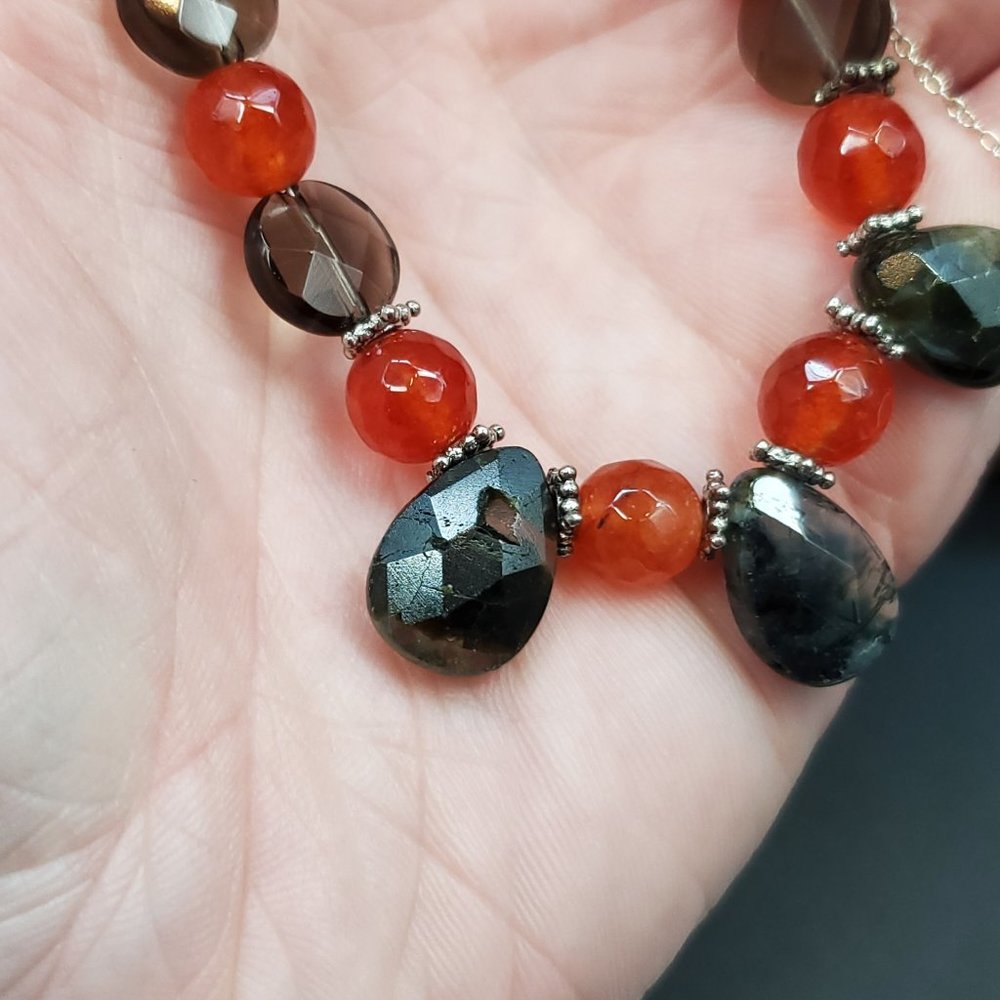 Hangs 15 Inches Slip On Sterling Silver Moss Agate And Smoky Quartz Stone Neckla - Picture 3 of 7